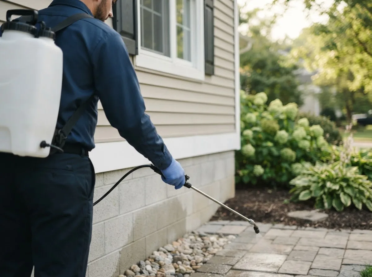 Pest control technician inspecting a home in Downs, IL